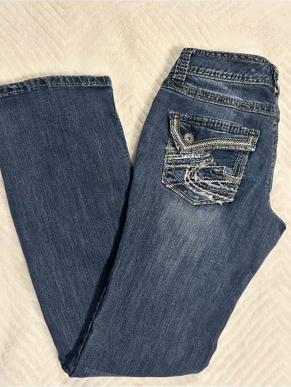 Maurices Dark Blue Low Rise Bootcut Jeans with Embellished Back Pocket